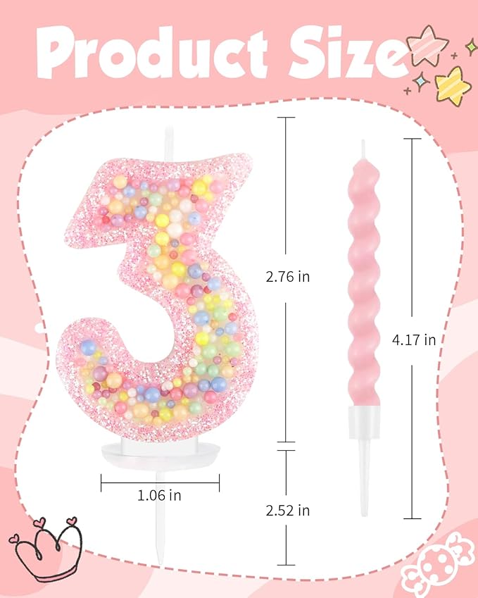 Birthday Candles for Cake, Macaron Number Candles, Cake Candles with Greeting Card for Birthday Party Wedding Anniversary Celebrations (3 Candle)