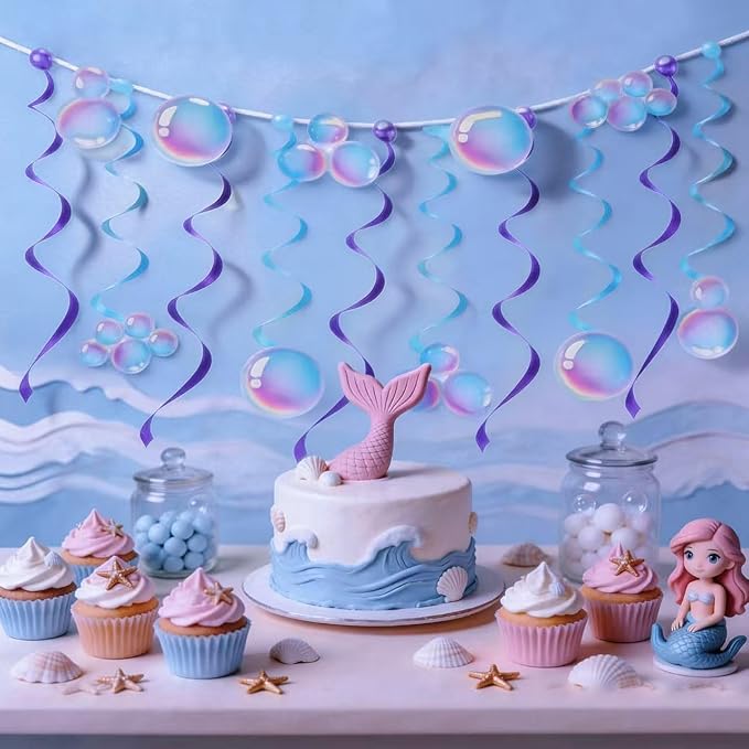 Hanging Spiral Bubble Decor - Under The Sea Party Decorations for Mermaid Birthday, Ocean Theme Bedroom & Bathroom