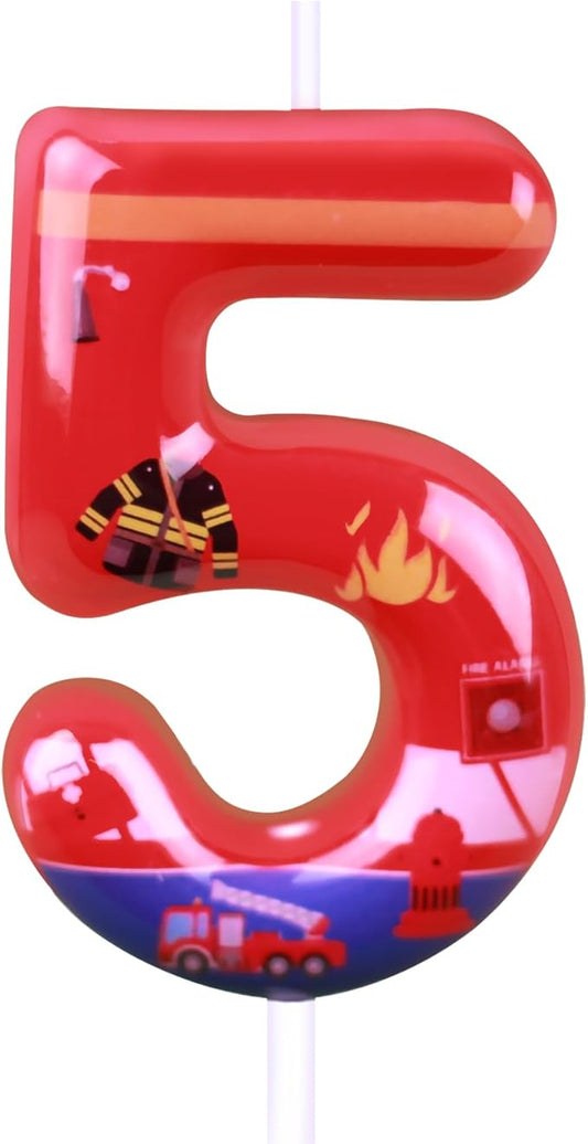 Number 5 Candle, Firetruck Fireman Cake Decoration, 5th Birthday Candle Birthday Party Supplies Firefighter Themed Cake Topper Decorations for Kids Boy Girl Party Decor (red, Number 5)
