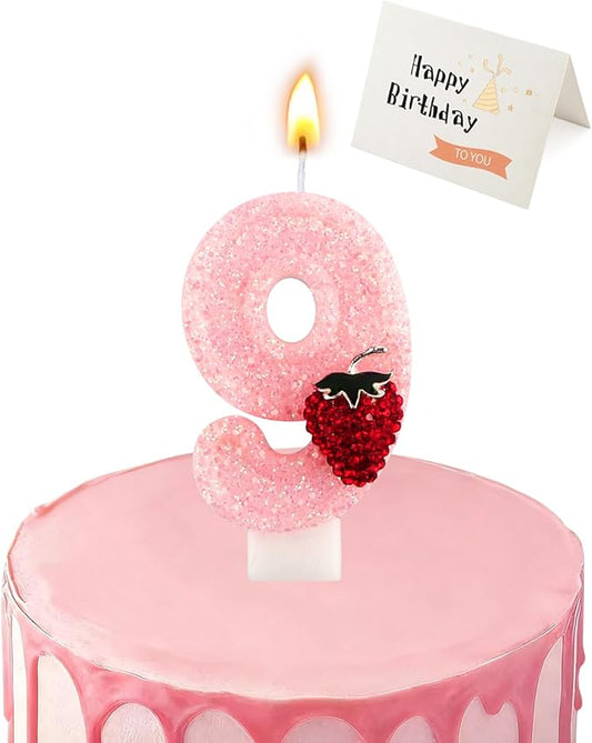 Birthday Candles for Cake, Pink Number Candles, Cake Candles with Greeting Card for Birthday Party Wedding Anniversary Celebrations (Strawberry 9 Candle)