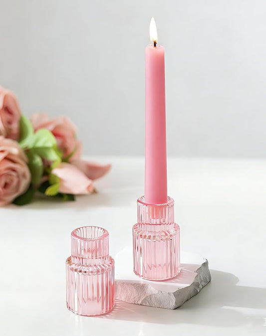 Romadedi Pink Glass Candle Holders - Set of 2 Ribbed Candlestick Holder for Table Centerpiece Elegant Taper Holder for Wedding Birthday Party Baby Showers Valentines Mother's Day Christmas