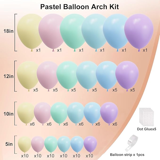 Pastel Balloons Garland Arch Kit, Rainbow Party Balloons, Multicolor Macaron Pink Blue Green Purple Yellow Balloons for Birthday Rainbow Party Baby Shower Wedding Decorations