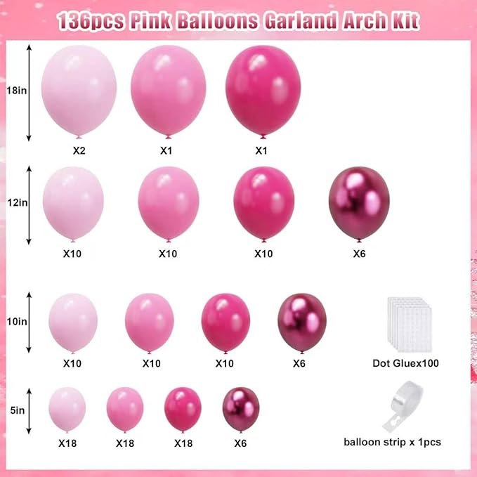 YMSZ Pink Balloon Garland Arch Kit, Hot Pink Balloons Metallic Balloon for Birthday,Princess, Wedding, Baby Shower, Valentine's Day Party Decorations