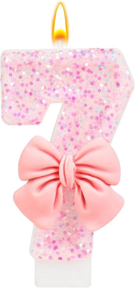 Number 7 Birthday Candle, Pink Bow Birthday Candles, Glitter Candle Cake Topper, Happy Birthday Cake Decoration Gifts, Anniversary Party Supplies for Girl