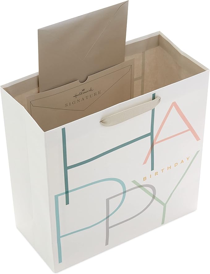 Hallmark Signature Studio 10" Large Square Gift Bag with Tissue Paper (Happy Birthday) Teal, Gray, Pink, Blue on White