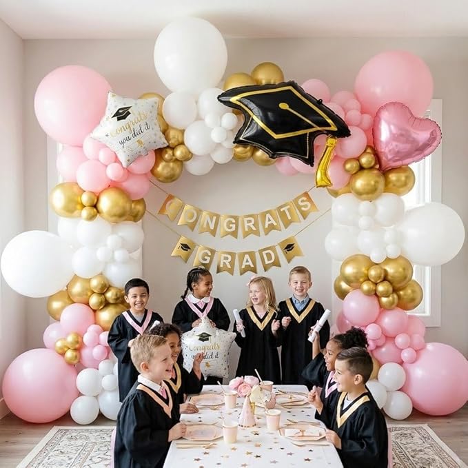 132PCS 2026 Pink Gold White Graduation Balloon Arch Kit Garland Decoration with Heart Star Graduation Cap Foil Balloons for Class of 2026 Girl Grad Party Prom Backdrop Decor