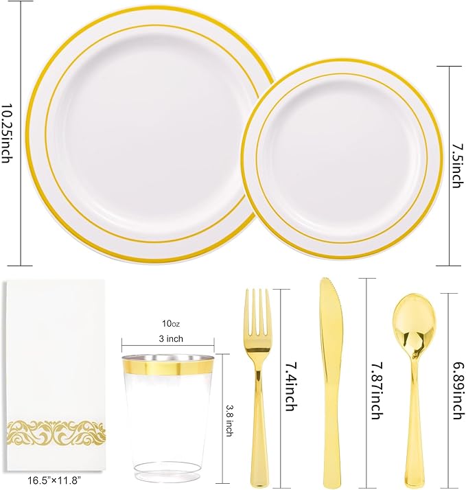 350 Pieces White and Gold Plastic Plates - 50 Guest Dinnerware Set Include 100 Plates, 50 Gold Plastic Silverware, 50 Paper Napkins and 50 Cups for Wedding/Baby Shower/Spring/Birthday/Mother's Day