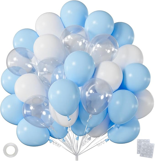 60pcs Light Blue White Balloons, 12 Inch Pastel Baby Blue White & Clear Balloon Kit for Baby Shower Gender Reveal Birthday Party Decorations (with Ribbon & Adhesive Dots)