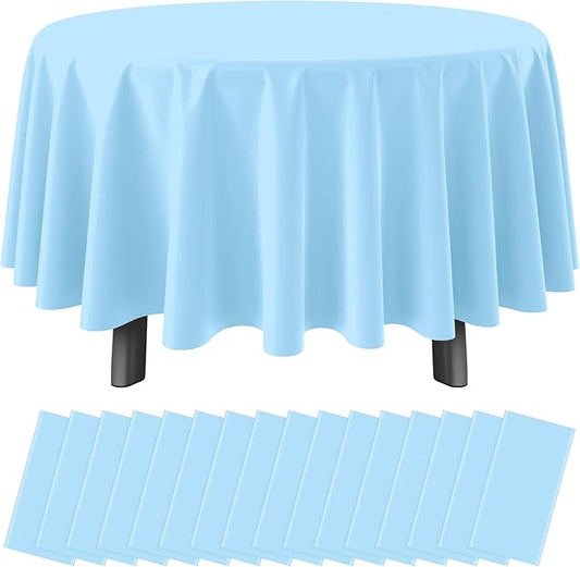16 Pack Light Blue Plastic Tablecloth for Round Tables, Premium Decorative Baby Blue Disposable Table Cloths for Parties, Round Party Table Cover for Birthday Wedding Baby Shower Party, 84 Inch