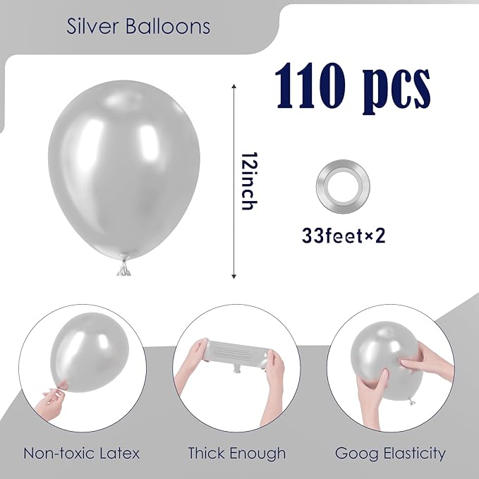 Voircoloria 110pcs Metallic Silver Balloons 12inch Chrome Silver Latex Party Balloons for Graduation, Wedding, Birthday, New Year, Baby Shower, Anniversary, Holiday Party Decorations