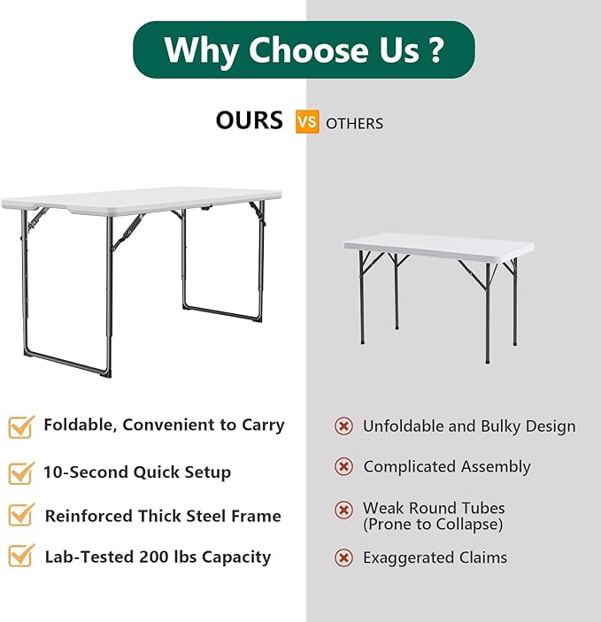 4ft Folding Table with Adjustable Height, Heavy Duty Fold-in-Half Plastic Table with Steel Legs and Handle, Portable for Indoor, Outdoor, Picnic, Camping, Dining, Party, White