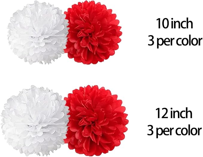 Red and White Paper Pom Poms (12 Pack) - Hanging Tissue Flowers for Baby Shower Wedding Valentine's Day Engagement Birthday Party Ceiling Decorations