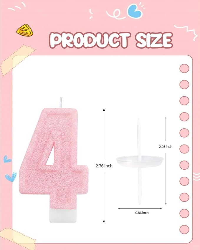 Birthday Candles for Cake, Pink Number Candles, Cake Candles with Greeting Card for Birthday Party Wedding Anniversary Celebrations (Bright Pink 4 Candle)