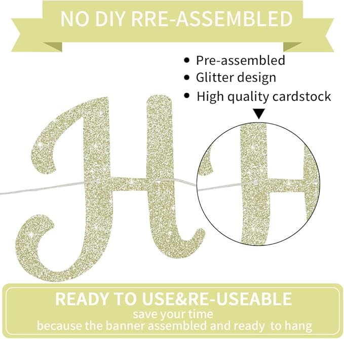BEISHIDA Happy Birthday Banner - NO DIY,Light Gold 10Feet Pre-Strung-Glitter Birthday Sign Garland Backdrop Decorations for Women men Party
