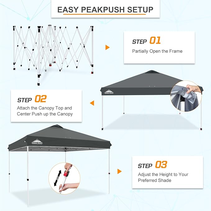 EAGLE PEAK Pop Up Canopy Tent with Wheeled Carry Bag, 8 Stakes, 4 Ropes, 4 Weight Bags, Easy Set Up Tent Canopy, 12x12 ft, 144sqft of Shade, Gray