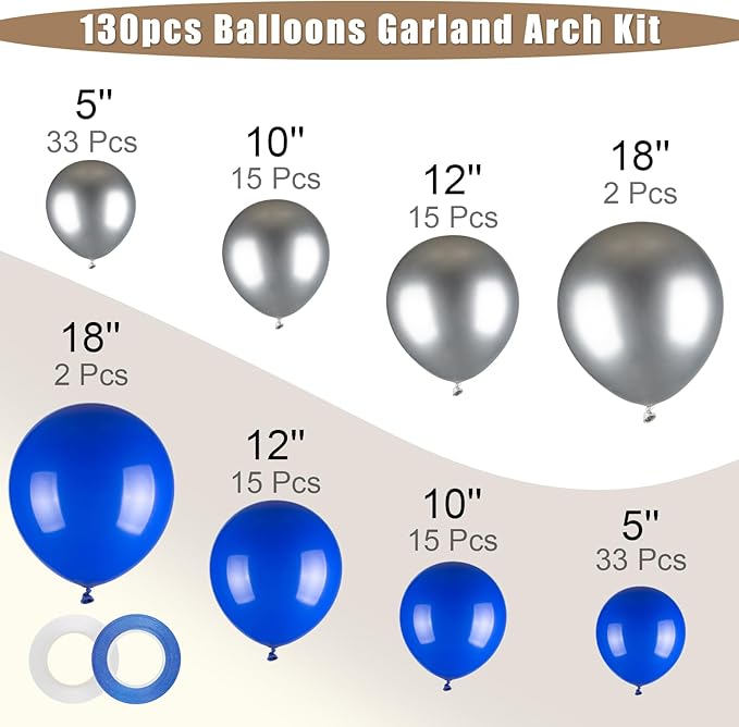 130pcs Royal Blue and Silver Balloons Garland Arch Kit, 18 12 10 5 Inch Different Sizes Pack Blue Silver Latex Balloon for Wedding Bachelor Birthday Christmas Party Garland Decoration