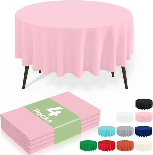 misaya 4 Packs Disposable Plastic Table Cloth, 84" Round Waterproof Tablecloth, Leakproof & Sturdy Decorative Table Covers for Mother's Day, Picnic, Party and Outdoor, Pink