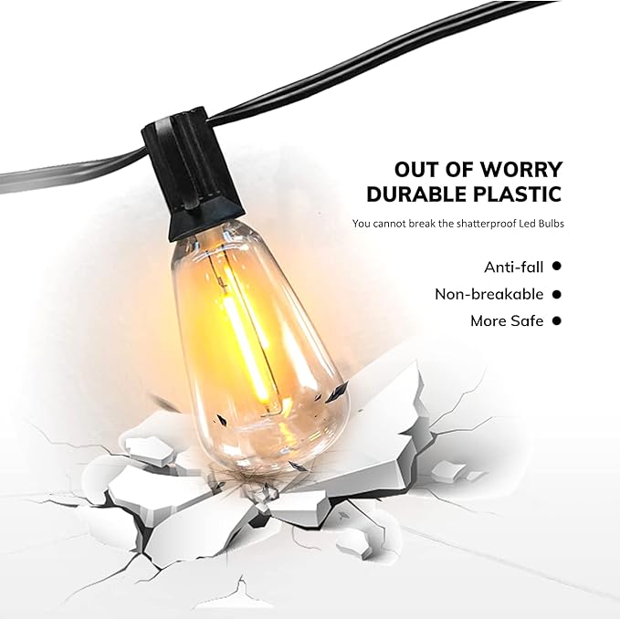 200FT LED Outdoor String Lights, Waterproof Patio Lights with 100+4 Edison Shatterproof Bulbs, Outside Hanging Light, Christmas Decorative for Patio, Cafe, Garden, Bar