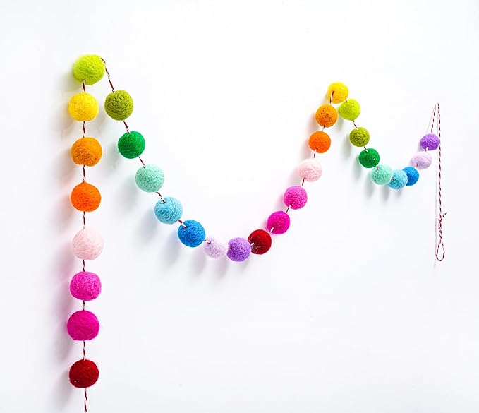 3 Pcs Pre-Strung Reusable Happy Birthday Banner, Handmade Wool Felt Ball Garland, Triangle Flags, Personalized Felt Holiday Sign Pom Pom Garland for Rainbow Party Decorations Fireplace Mantel Wall Window (Birthday Banner + Flags + Rainbow Balls)