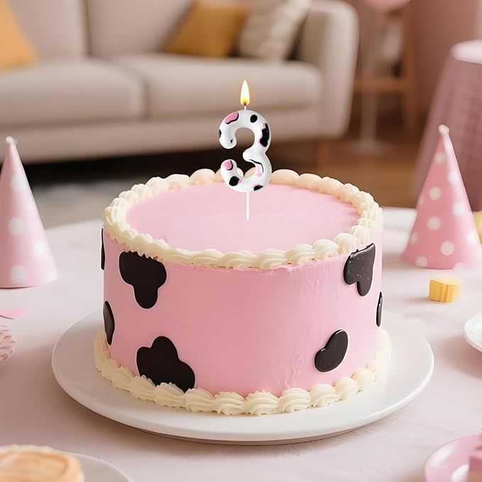 Number 3 Birthday Candle for Cake – Cow Print Design in White Black Pink – Farm Theme & Cowgirl Party Cake Topper Decoration