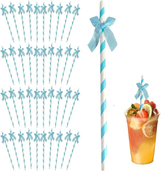 Ouliget Butterfly Stripe Paper Straws,Butterfly Ribbon Decor Disposable Party Drinking Straws, Decoration Supplies Set for Valentine's Day, Brithday, New Year, Party,40 Pieces (Blue)
