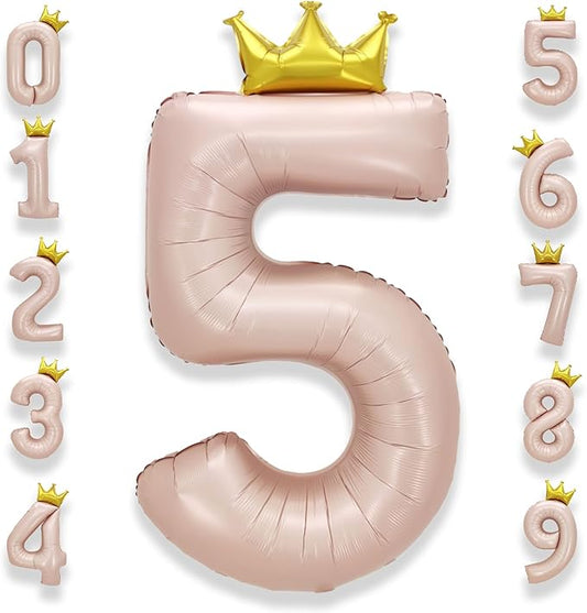AULE 40 Inch Big Pink 5 Balloon Number with Crown Large Foil Helium Number Balloons 0-9 Jumbo Giant Happy 5th Birthday Party Decorations Huge Mylar Anniversary Party Supplies