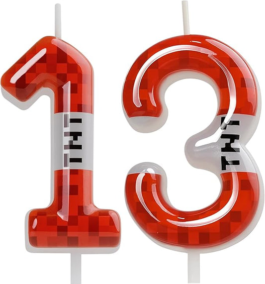 TNT Themed Birthday Candles for Boys Girls, Craft Pixels Cake Topper,Number 13 TNT Cake Toppers，Pixel Birthday Cake Candle,Kids Themed Birthday Party Supplies (Number 13)