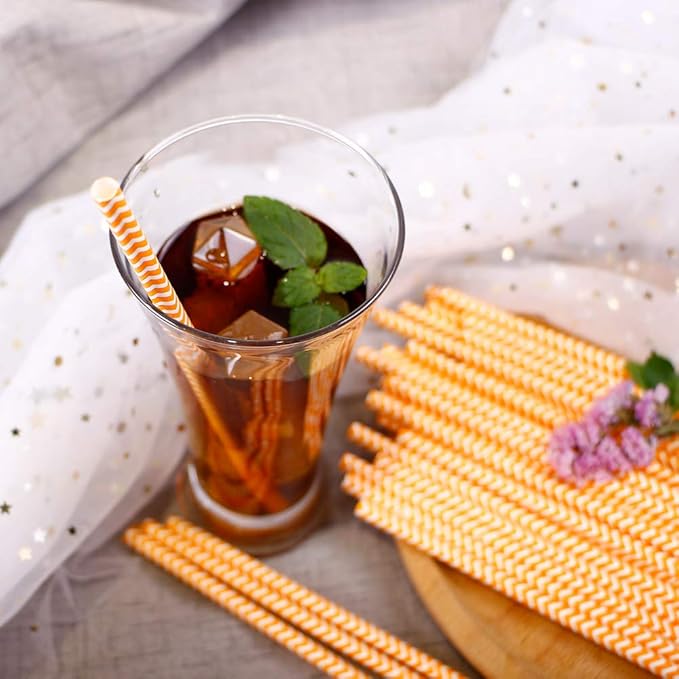 Webake 100 Pack Chevron Paper Straws Wave Patterned Drinking Straws Bulk 7.75 Inch Disposable Biodegradable Restaurant Supplies for Thanksgiving Table Decor Orange Striped