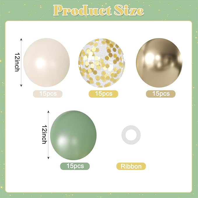 Sage Green Balloons, 60Pcs 12Inch Sage Green Sand White Metallic Gold Confetti Balloons for Boho Baby Shower Wedding Bridal Shower Engagement Birthday Party Decorations