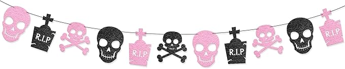 KatchOn Pink Black Felt Skull Garland - 13 Feet, No DIY | Felt Halloween Garland, Skull Party Decorations | Pink Halloween Decor