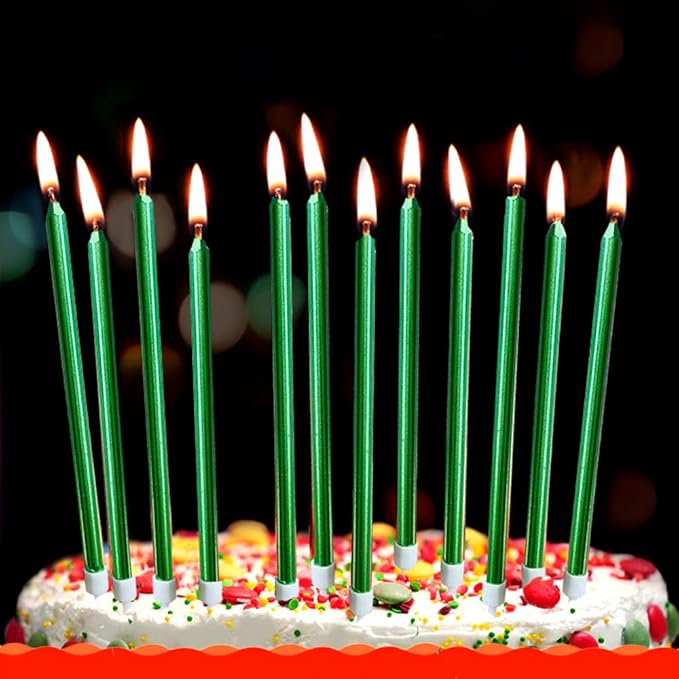 12 Count Long Thin Green Birthday Cake Candles in Holders for Birthday Cupcake Tall Candle 12 Pieces