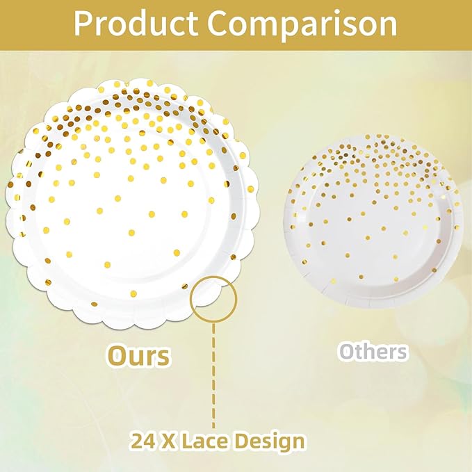 Gold Plates and Napkins Party Supplies, 35 7??White and Gold Party Paper Plates, Disposable Plate for Wedding Birthday Birthday Decoration Tableware