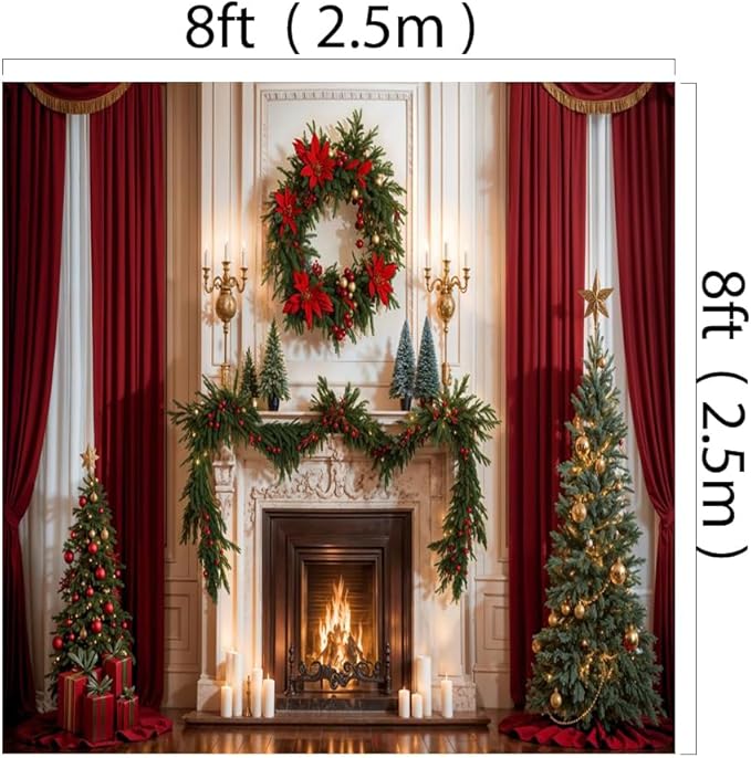 Kate 8x8ft/2.5x2.5m Christmas Backdrop Fireplace Xmas Tree Wreath Interior Decoration Photo Background Photography Studio Props