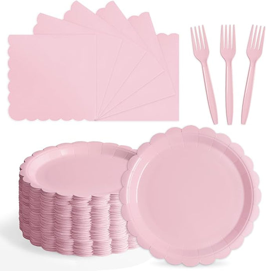 105PCS Paper Plates and Napkins Set, 7 Inch Scalloped Disposable Tableware with Forks for Birthdays, Garden Parties & Outdoor Events, Serves 35 (Light Pink)