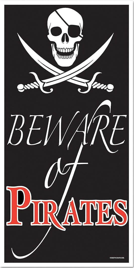 Beistle Plastic Beware of Pirates Door Cover, 5' x 30" - Skull & Swords Sign Party Decor, Nautical Wall Decorations, Themed Birthday Parties, Events & Celebrations