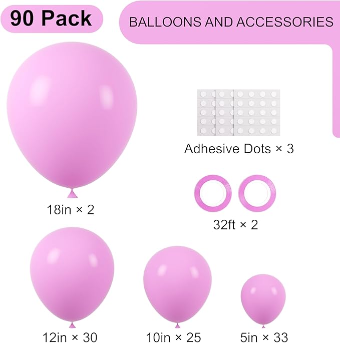 Voircoloria 90pack Pink Balloons Different Size 18/12/10/5 Inch Pink Balloon Garland Arch Kit for Graduation, Wedding, Birthday, Princess, Valentine's Day, Baby Shower, Anniversary Party Decorations