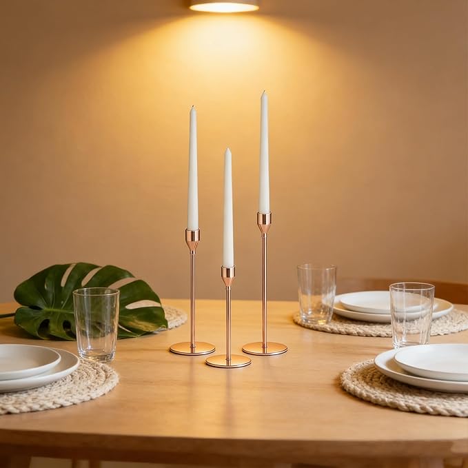 Candlestick Holders, Set of 3 Taper Pink Gold Candle Holder Decor for Date, Festival, Wedding, Party, Dinning or Anniversary, Fit 3/4" Thick Pillar Candles & Led Candles