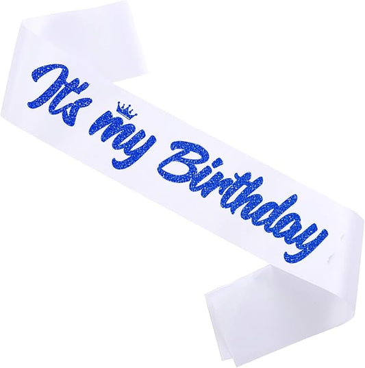 It's My Birthday Sash White with Glitter Royal Blue Letters Happy Birthday Sash for Men Boy Bday Gift Ideas Party Favors