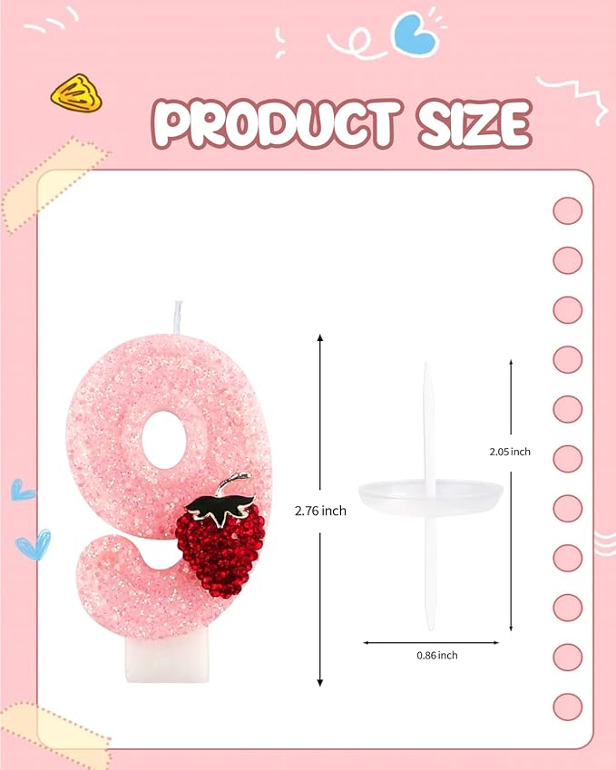Birthday Candles for Cake, Pink Number Candles, Cake Candles with Greeting Card for Birthday Party Wedding Anniversary Celebrations (Strawberry 9 Candle)