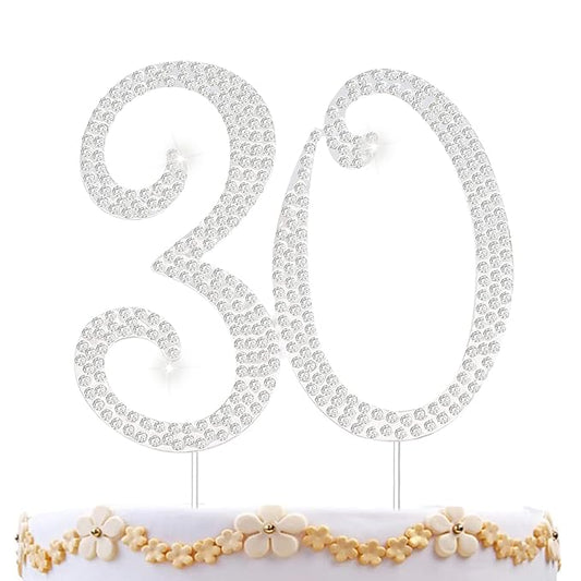 30 Cake Topper 30th Anniversary Birthday Wedding Diamond Cake Topper for Women Bling Rhinestone Cake Decoration Party Supplies Keepsake, Silver