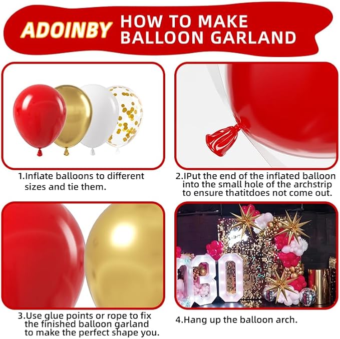 Red and Gold White Balloon Garland Arch Kit, 187Pcs Explosion Star Balloons Red White Metallic Gold Confetti Latex Balloon for Galentine's Valentine's Day Birthday Christmas Party Decoration