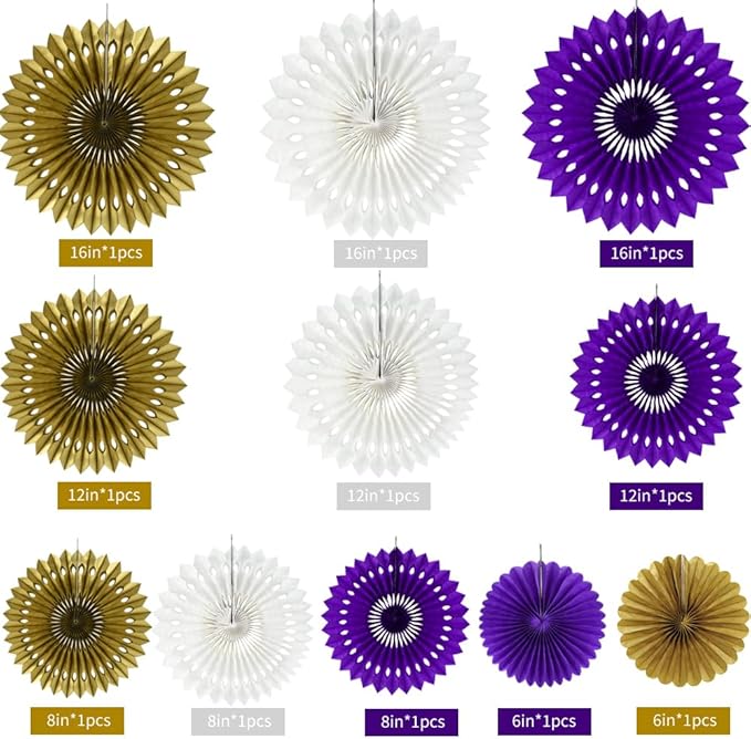 BEISHIDA Purple Gold White Tissue Hanging Honeycomb Round Paper Fans Decoration Set for Birthday Graduation Bridal Shower Bachelorette Wedding Engagement Backdrops Halloween Party Supplies(11 Packs)