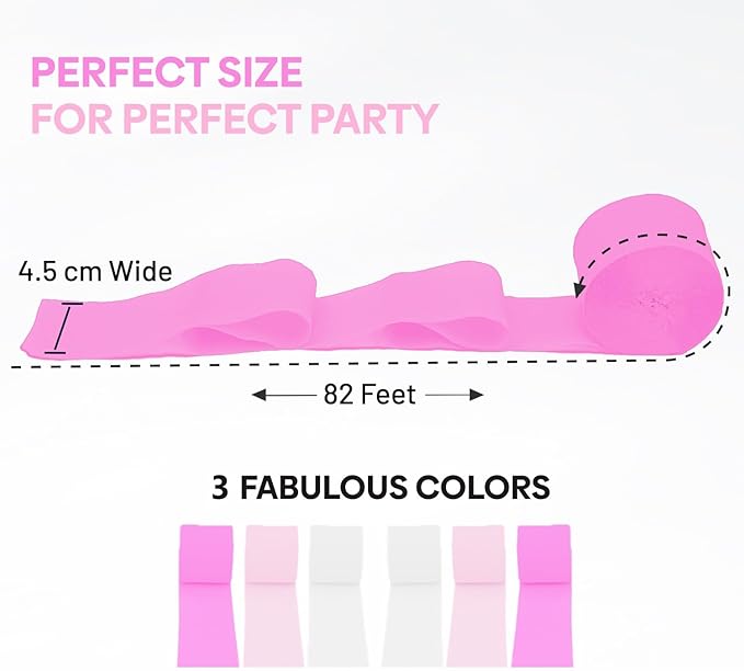 6 Crepe Paper Streamer Rolls, 492ft Pack of 6 Pink & White Streamers for Party Decorations, Birthday & Wedding Decoration (1.8 inch x 82 ft/Roll)