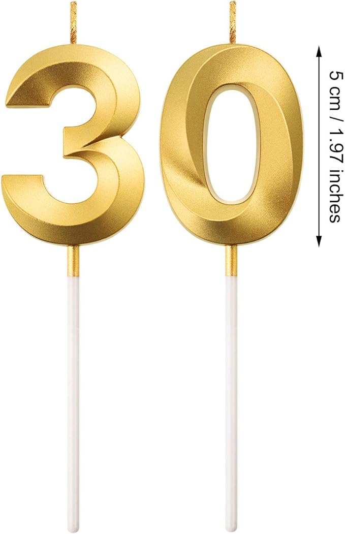BBTO 30th Birthday Candles Number Candles Cake Topper Decoration for Birthday Wedding Anniversary Celebration Supplies(Gold)