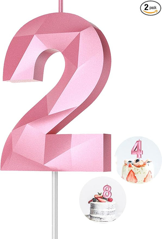 Number Birthday Candles(2 Candle Pink) 3D Diamond Shape 2nd Happy Birthday Cake Topper Decorations for Girl Women Birthday Wedding Anniversary Celebration Theme Party Supplies