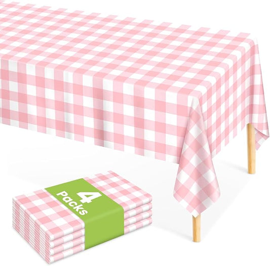 Mulbozy 4 Pcs Pink Gingham Tablecloth 54 × 108 Inches Pink and White Checkered Table Cloth Disposable Plastic Waterproof Tablecover for Outdoor Picnic, Birthday Party, Holiday Dinner