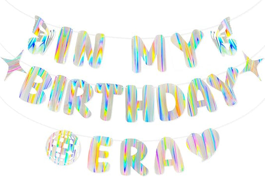 Iridescent In My Birthday Era Banner, Pre-Strung Fun Birthday Decorations supplies, Vibrant Cute Party Sign with Aurora, Rainbow & flames Effects