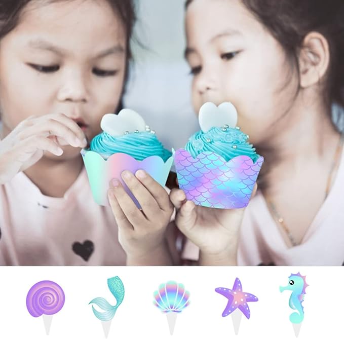 120 Pcs Mermaid Cupcake Wrappers Toppers, Include 60 Cake Topper and 60 Wrappers Double Side, Little Mermaid Theme Decoration Under The Sea Birthday Baby Shower Party Favor