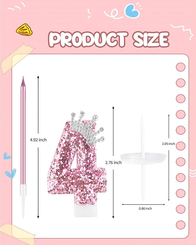 Birthday Candles for Cake, Pink Number Candles, Cake Candles with Greeting Card for Birthday Party Wedding Anniversary Celebrations (4 Candle, Silver Crown)