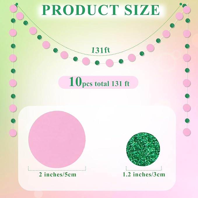 Outus 10 Pieces Pink,Green Round Dots Garland Graduation Party Hanging Decor Each Length 13.1ft Glitter Paper Dot Streamers for Birthday Wedding Classroom Supplies